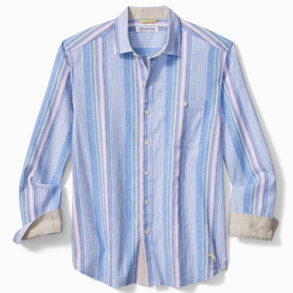 Barbados Breeze Tidal Stripe buttons up LINEN Shirt MEDIUM long sleeve NEW